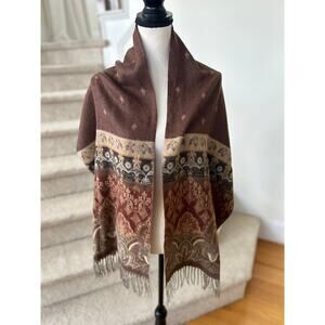 Chocolate Brown Damask Print Fringe Shawl Scarf 15.5 x 66
